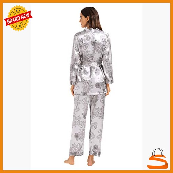 Silk Satin Pajama Set 3 Piece with Robe Long Sleeve Sleepwear - Picture 5 of 7